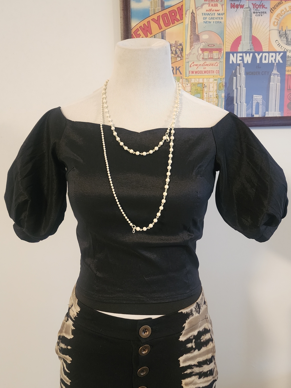 Black Puff Sleeve Square Neck Women's Top